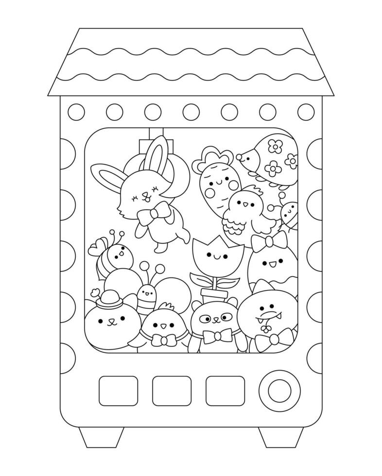 Vector black and white kawaii toy vending machine with Easter toys. Cute gadget illustration with bunny, chick, colored egg. Funny cartoon gambling game icon or coloring page