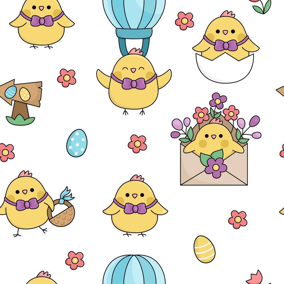 Vector kawaii Easter seamless pattern for kids with funny chicks. Cute cartoon repeat background. Traditional symbols digital paper with colored eggs, birds, hot air balloon. Spring holiday texture