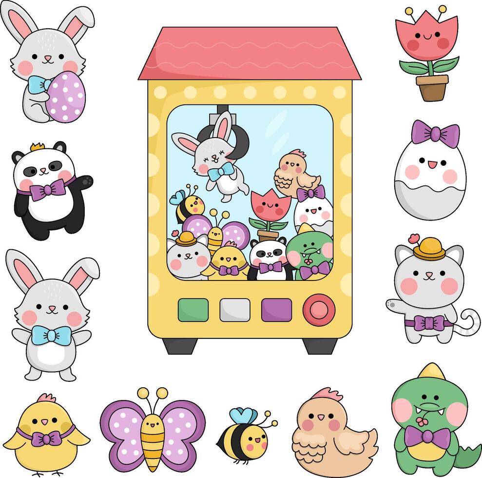 vector kawaii juguete venta máquina con Pascua de Resurrección juguetes linda artilugio ilustración con conejito, polluelo, de colores huevo, panda oso, tulipán flor. gracioso dibujos animados juego juego con primavera caracteres