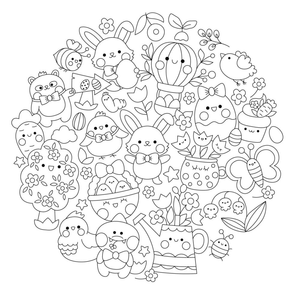Vector Easter round line coloring page for kids with cute kawaii characters. Black and white spring holiday illustration with funny bunny, chicks, animals, eggs, flowers framed in circle
