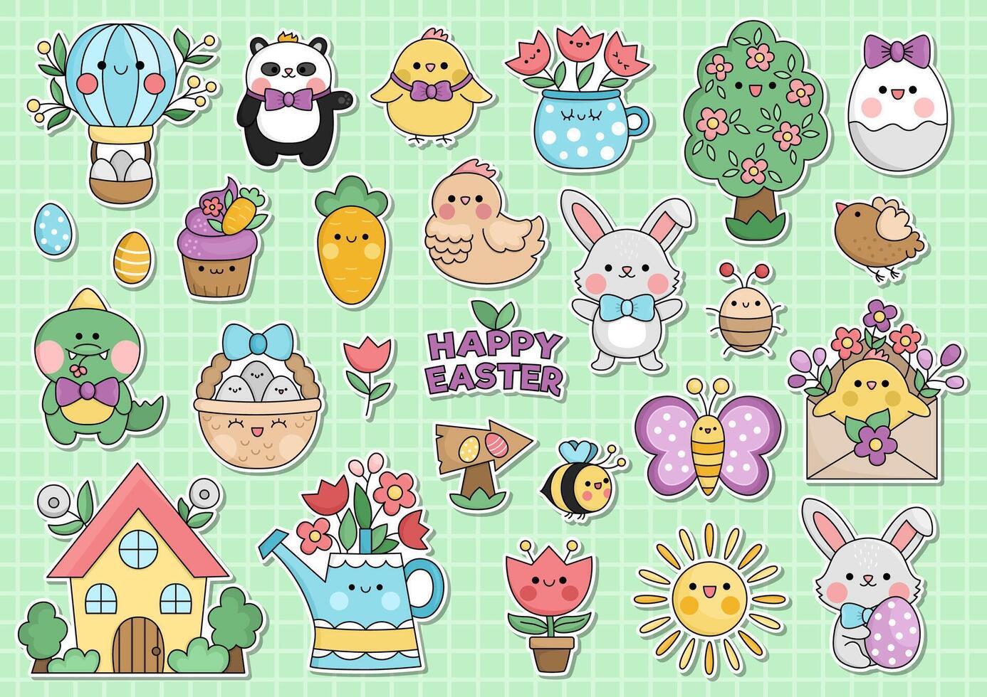 Vector Easter stickers with cute kawaii characters. Traditional spring holiday clipart for kids. Funny badges collection with bunny, chick, bumblebee, colored eggs. Garden cartoon icons set