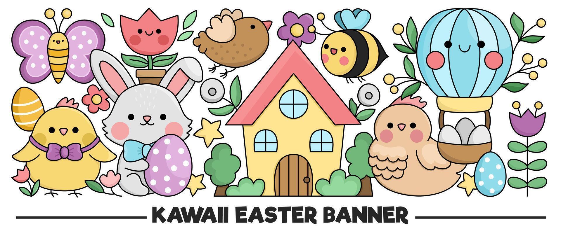 Easter horizontal banner with cute kawaii characters for kids. Vector funny bunny with chick, cottage, flowers, hot air balloon. Cute garden illustration. Funny spring holiday party set for kids