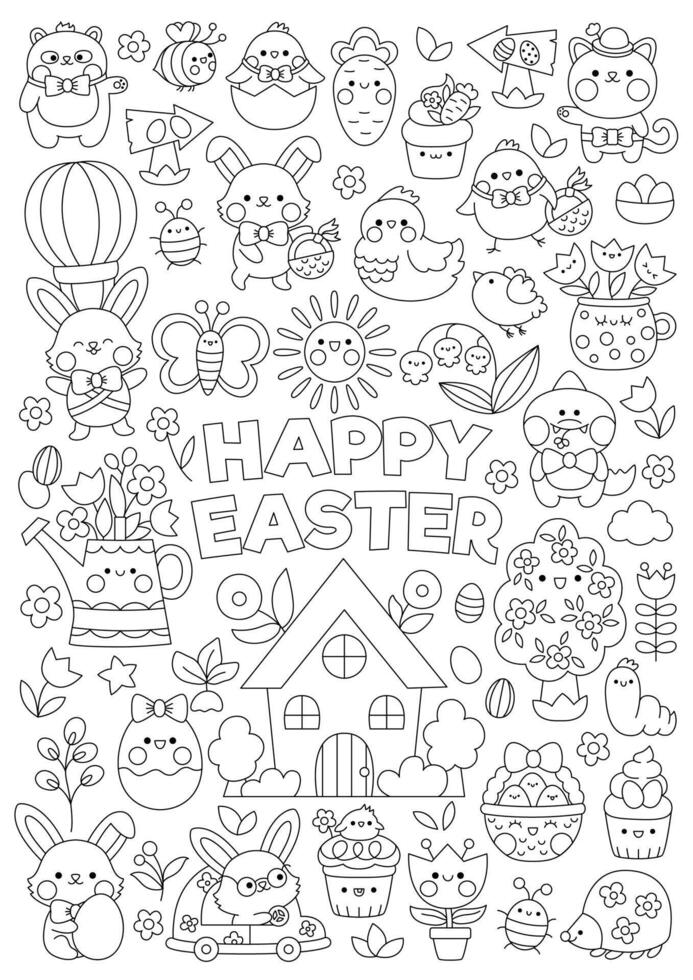 vector Pascua de Resurrección vertical línea colorante página para niños con linda kawaii caracteres. negro y blanco primavera fiesta ilustración con conejito, pollitos, animales, huevos, flores gracioso jardín buscando póster