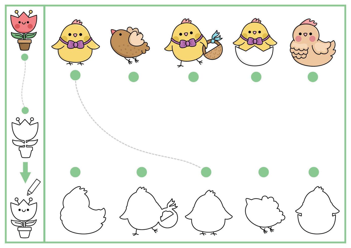 Easter shape matching, coloring and drawing activity. Spring holiday puzzle with cute kawaii birds. Find correct silhouette printable worksheet. Garden page for kids with hen and chick vector