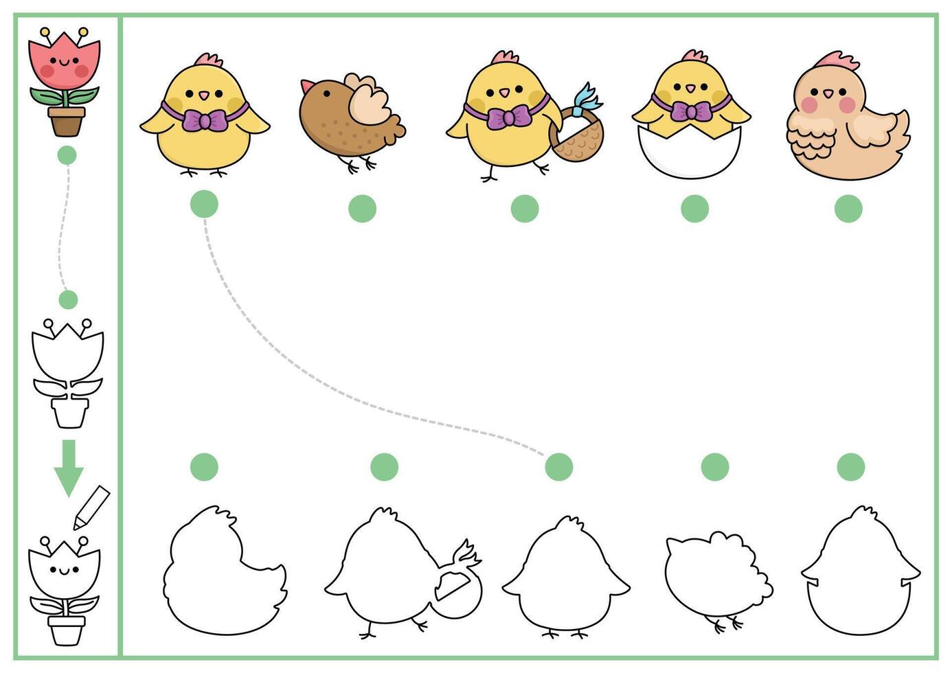 Pascua de Resurrección forma pareo, colorante y dibujo actividad. primavera fiesta rompecabezas con linda kawaii aves. encontrar correcto silueta imprimible hoja de cálculo. jardín página para niños con gallina y polluelo vector