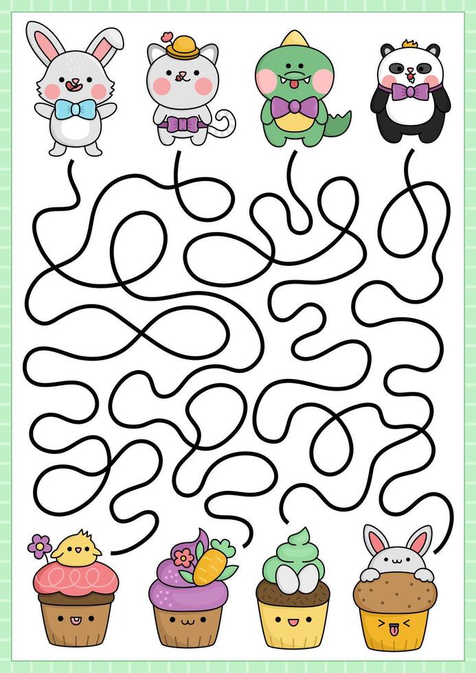 Easter maze for kids. Spring holiday preschool printable activity with kawaii animals and cupcakes with eggs, carrot, bunny, chick. Labyrinth game or puzzle with cute characters, cup cakes vector