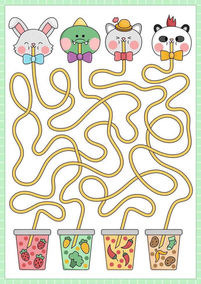 Kawaii maze for kids. Preschool printable activity with cute animals drinking bubble tea with different tastes. Labyrinth game or puzzle with funny characters, fancy drinks with carrot, strawberry vector