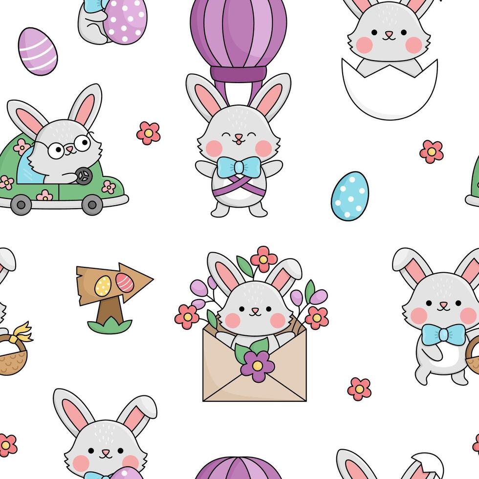 Vector kawaii Easter seamless pattern for kids with funny bunnies. Cute cartoon repeat background. Traditional symbols digital paper with colored eggs and cute rabbits. Spring holiday texture