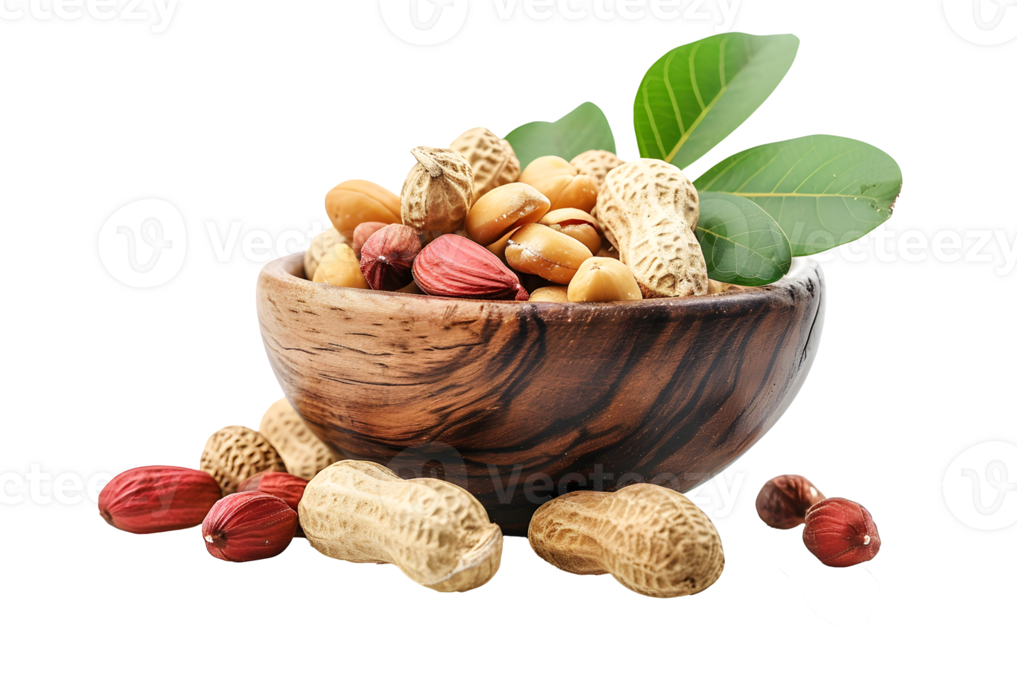 AI generated Side view whole and peeled peanuts in a wooden bowl with leaves png