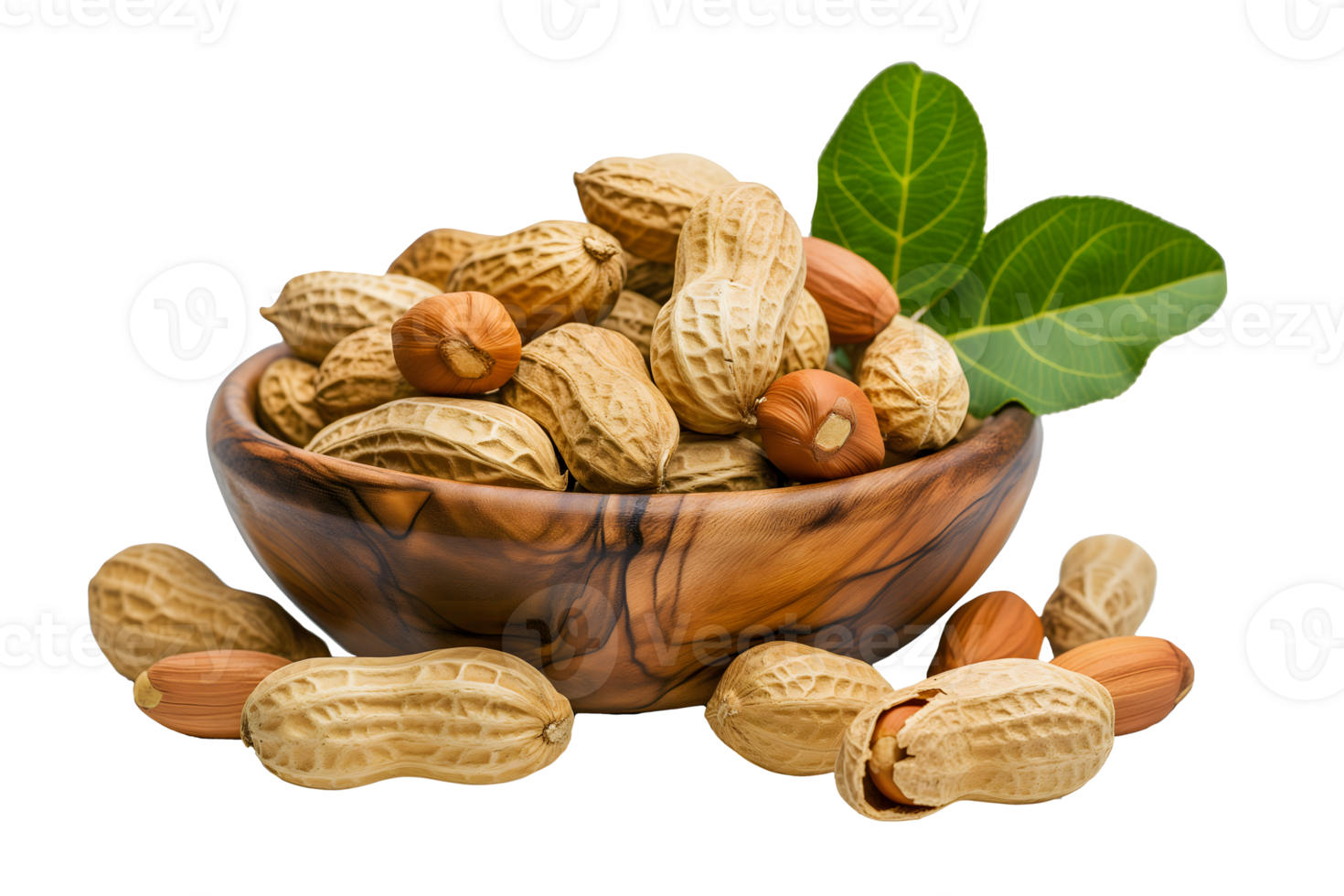 AI generated Side view whole and peeled peanuts in a wooden bowl with leaves png