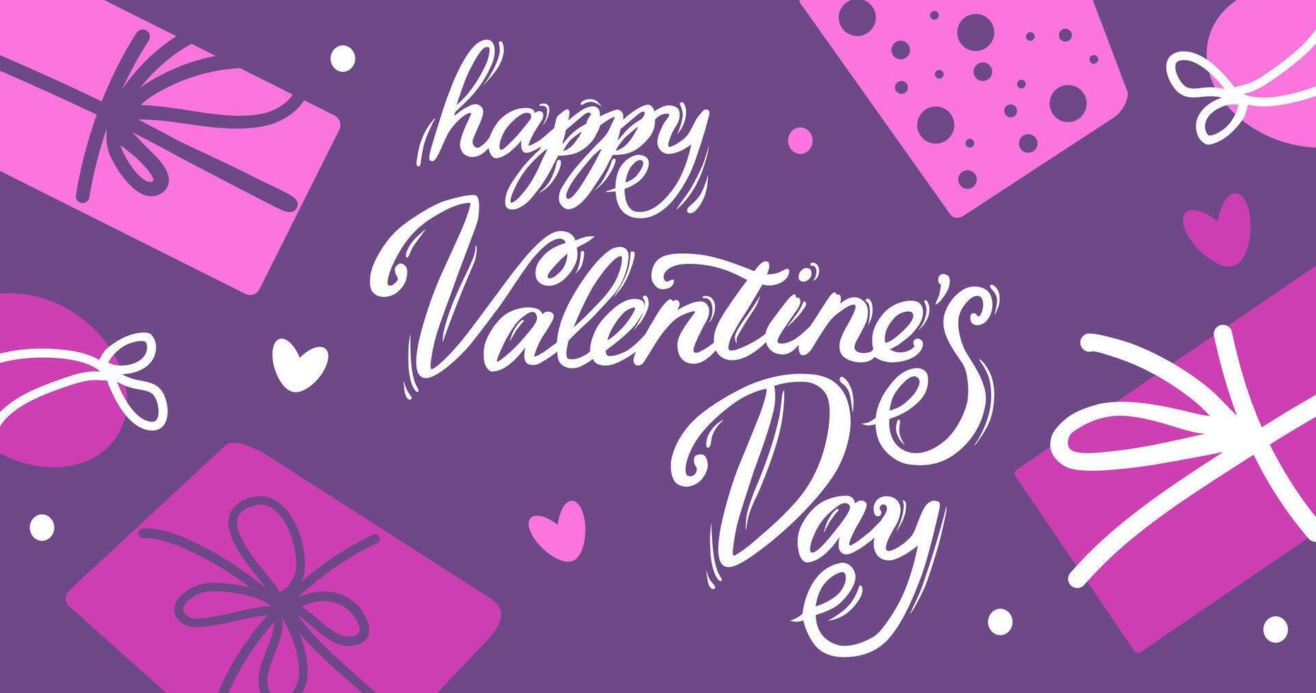 Vector gift boxes and hearts by Valentine day. Wallpaper with lettering. Background in flat style. For greeting card, logo, sale, product, design