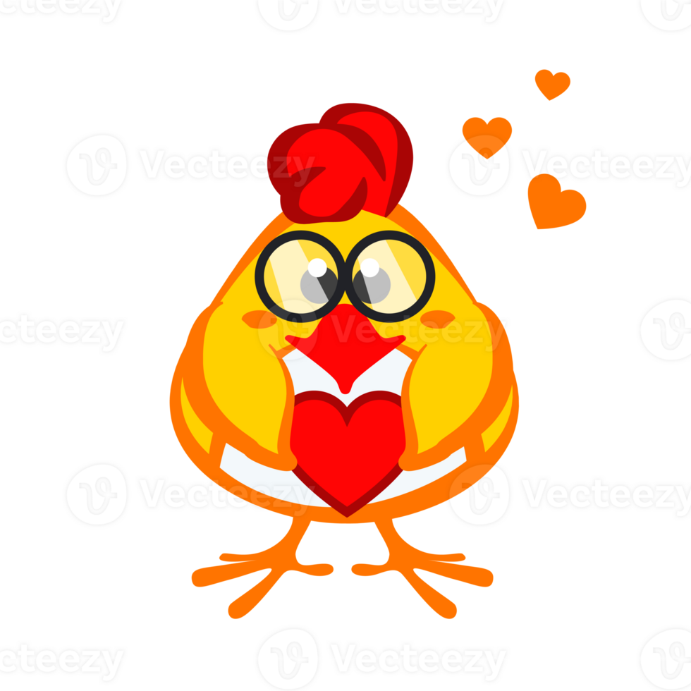 The cute chicken is in love and hugging a heart. Sticker for Valentine Day or Easter png