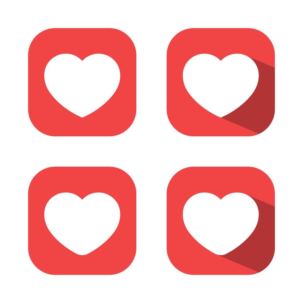 Love, like icon vector on red square. Heart sign symbol with long shadow