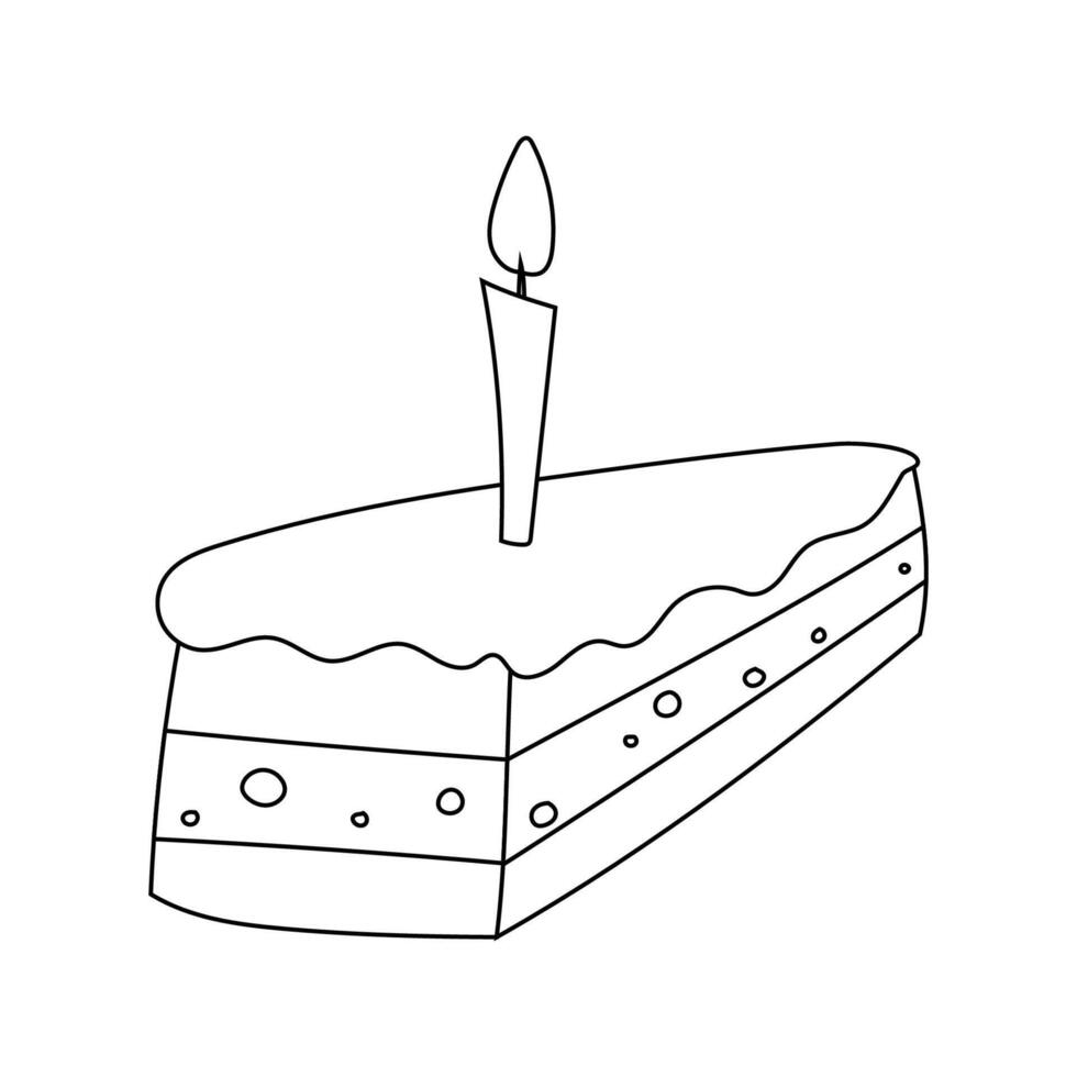 rebanada de cumpleaños pastel con velas, garabatear negro y blanco vector ilustración de un pedazo de dulce tratar.
