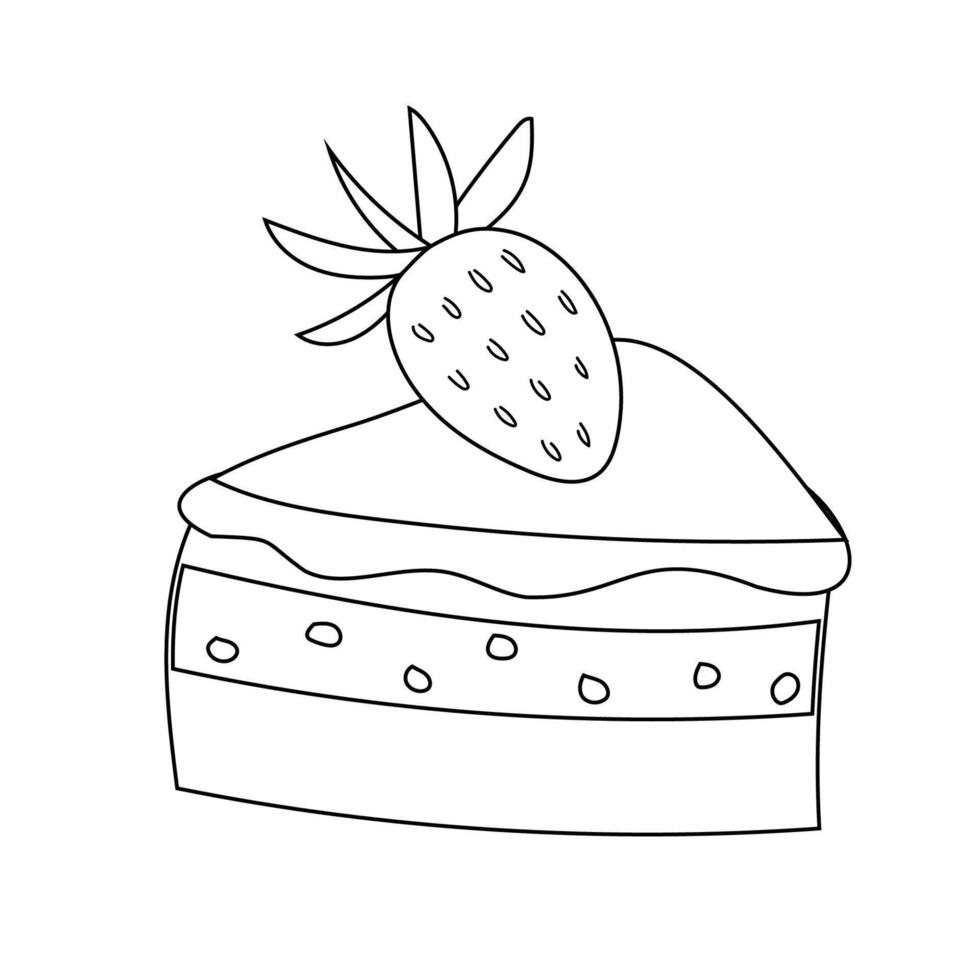 Slice of birthday cake with cream and berries, doodle black and white vector illustration of a piece of sweet treat. Dessert for the holiday, linear art, sweet tooth, coloring page.