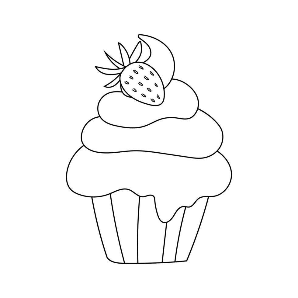 Cupcake with cream and strawberry, doodle black and white dessert vector illustration.