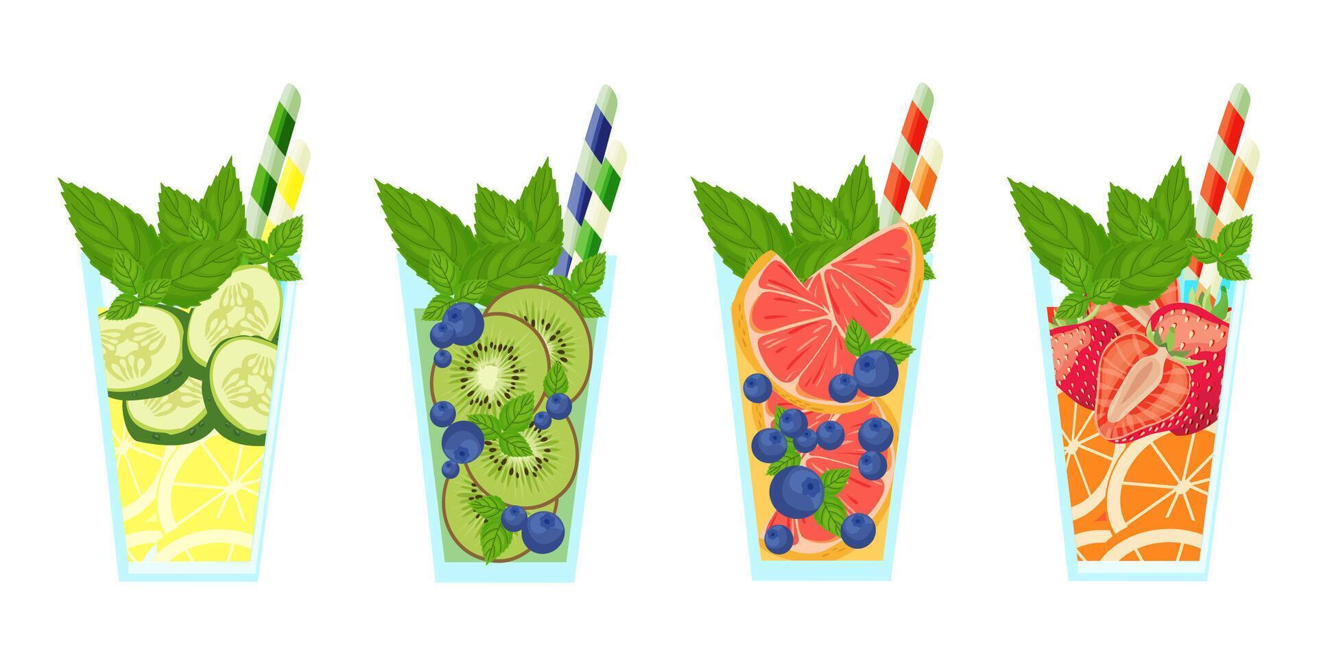 un conjunto de Fresco delicioso cócteles, verano bebidas de diferente sabores, con fresas, naranjas, menta, pepinos, limón, kiwi y arándanos vector