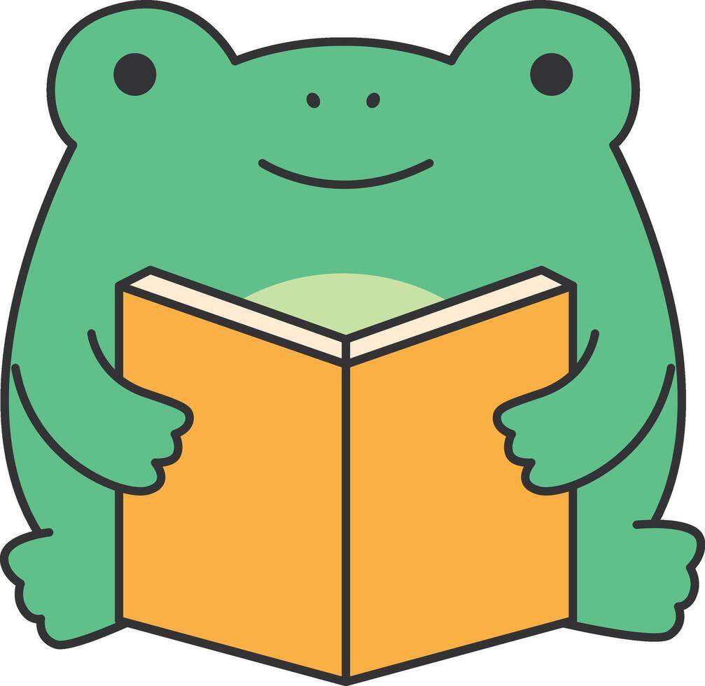 Cute frog reading a book. Vector illustration in flat style.