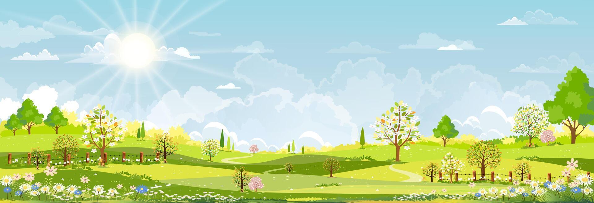 Nature Spring landscape village,Country house,Green Field with Cloud, Blue Sky,Vector horizon Natural rural Countryside with forest tree,Mountains in Sunny day,Cartoon Vector for Spring, Summer banner