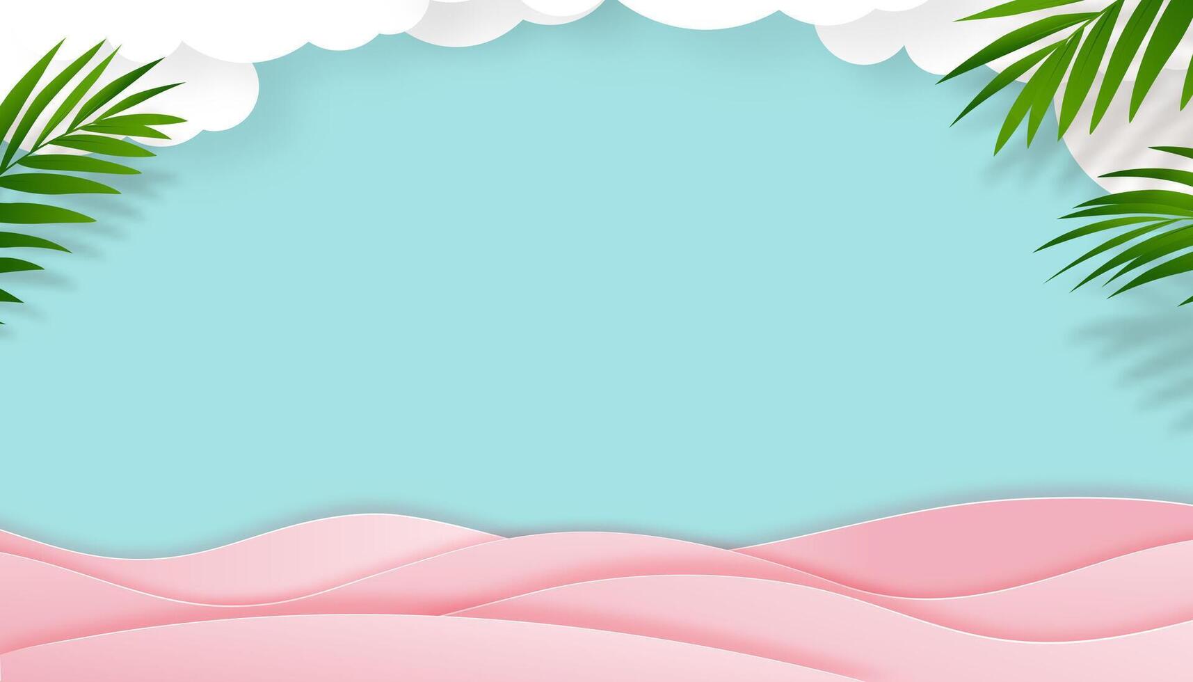 verano fondo, vector papel cortar de tropical verano diseño, palma hoja frontera marco y blanco nube en azul cielo antecedentes con rosado ola capa y Copiar espacio, playa vacaciones fiesta para rebaja promoción
