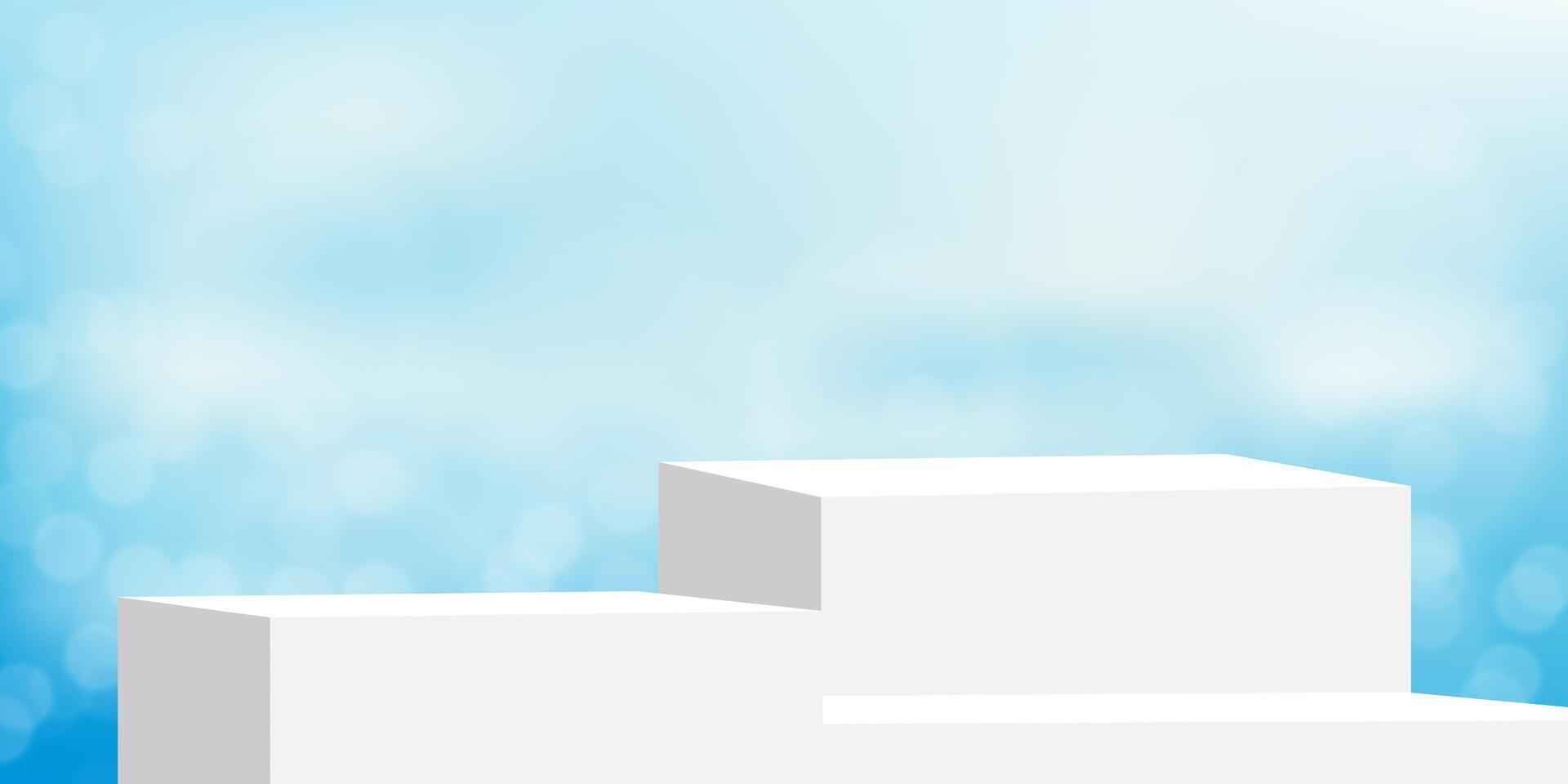 verano fondo, blanco 3d plataforma podio monitor paso con borroso luz de sol efecto en cielo azul, nube para producto presente, vector primavera antecedentes con gris paso burlarse de arriba en bokeh ligero en ligero azul