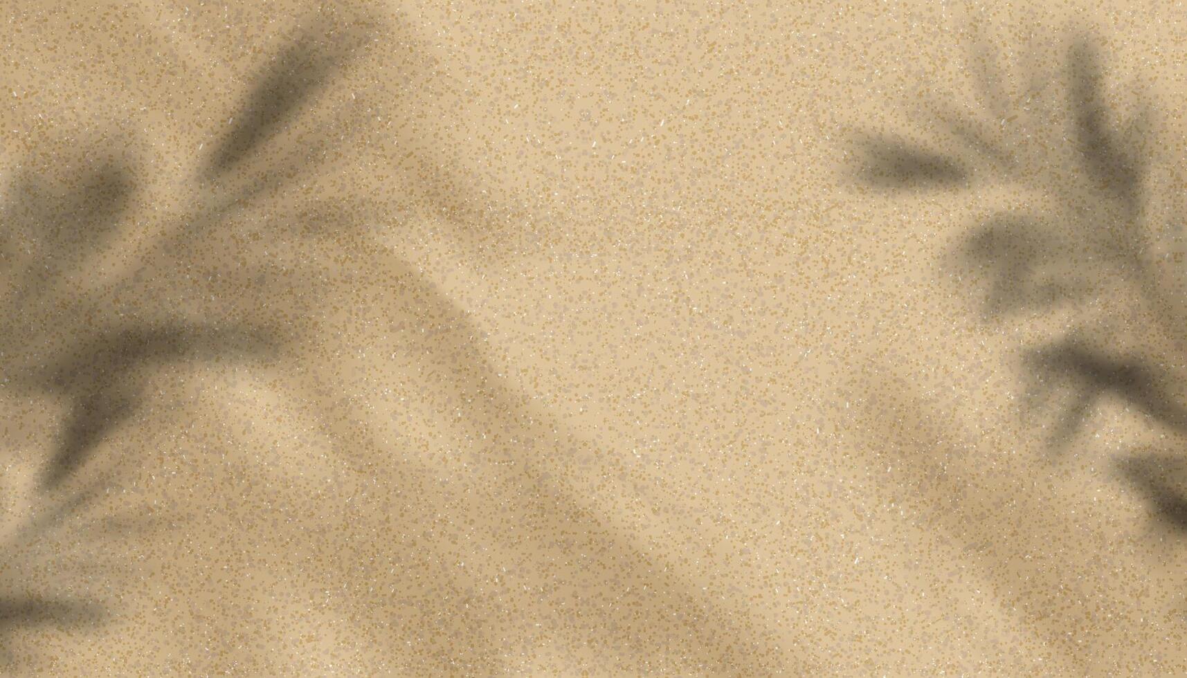 fondo de textura de arena con silueta de hojas de palma, sombra de hoja de coco en la playa de arena marrón, superficie de arena de vista superior vectorial, duna desértica de horizonte amplio de fondo para la presentación de productos de verano vector