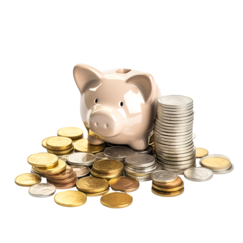 AI generated piggy bank and coins on transparent background png