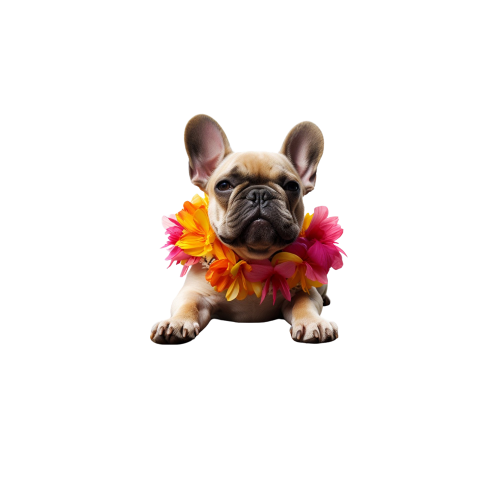 ai gegenereerd Frans bulldog hond vervelend een hawaiiaans bloem lei png