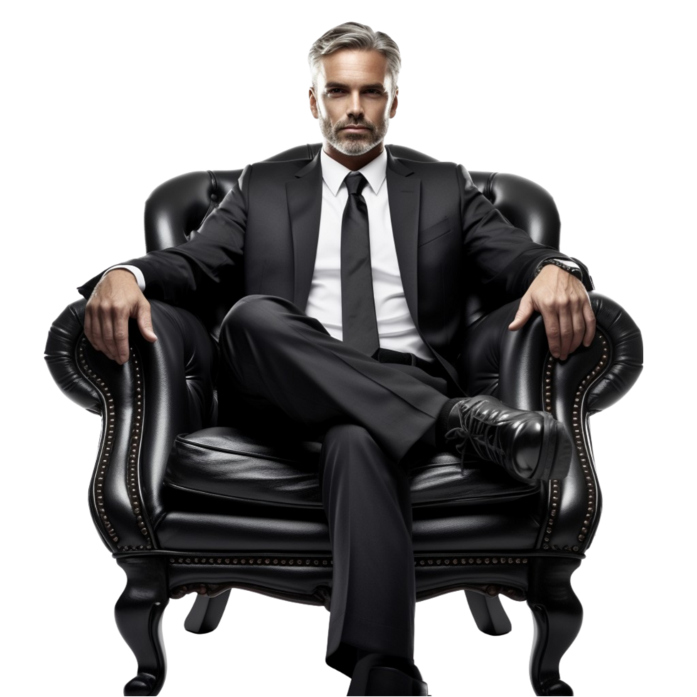 AI generated businessman sitting on a leather couch png