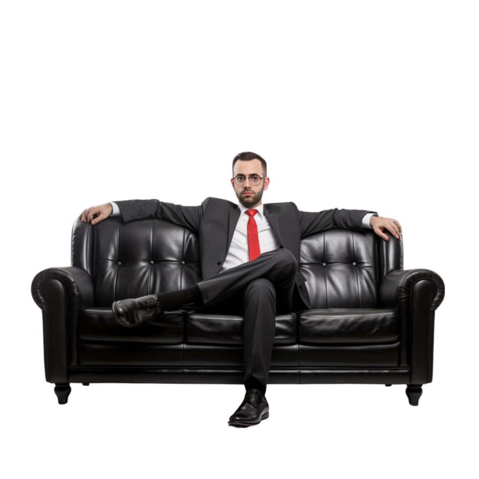 AI generated businessman sitting on a leather couch png