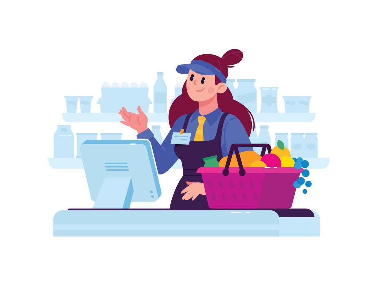 Illustration of a cashier saleswoman girl in a supermarket. Vector. A character in a store behind the cash register sells goods. Hero mascot for a catalog or corporate style. Discounts on goods. vector