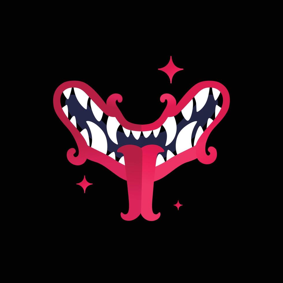 Mouth with teeth and red tongue. Vector. Silhouette of the mouth of a toothy demon. Hero mascot for comics or sports game. Mask for t-shirt design. Gothic, oriental modern style. vector