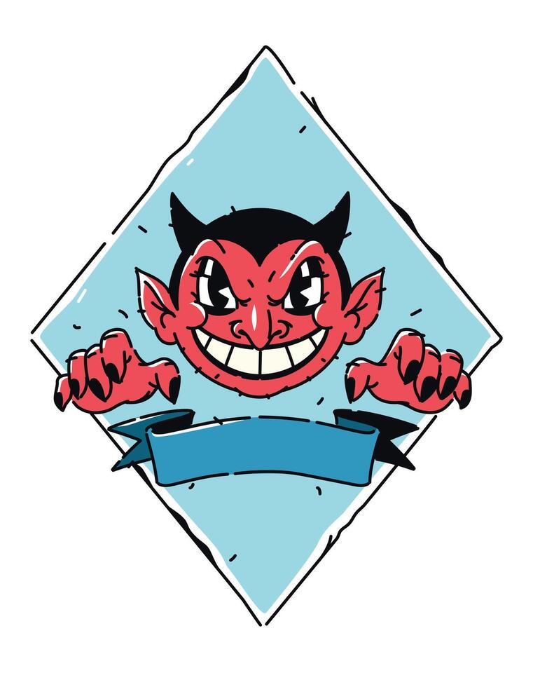 Illustration of a cute red demon. Vector. Devil, Lucifer is a cartoon not a children's character. Hero mascot for comics. Picture for T-shirt design. Place for text on the ribbon. vector