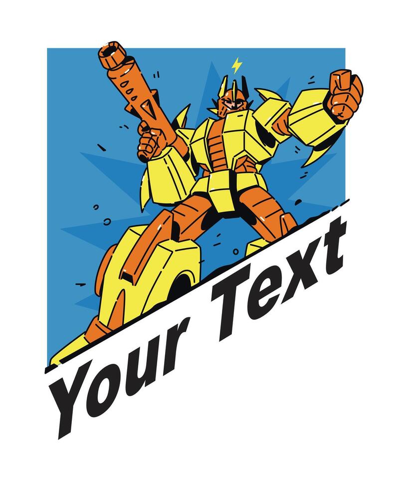 Illustration of a transforming robot with a weapon. Vector. The robot cyborg is a cartoon, not a children's character. Comic book hero. Picture for T-shirt design. Place for text. vector