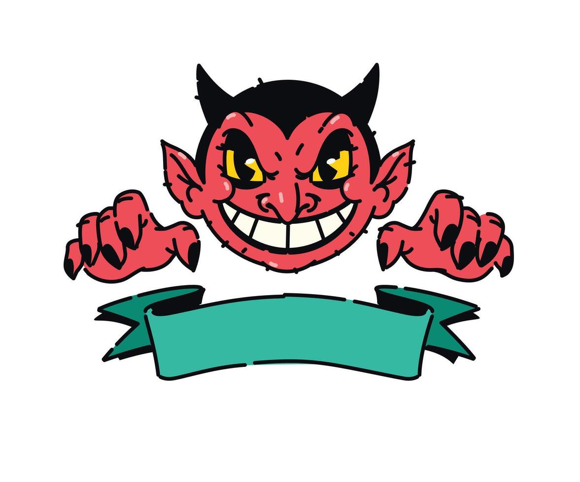 Illustration of a cute red demon. Vector. Devil, Lucifer is a cartoon not a children's character. Hero mascot for comics. Picture for T-shirt design. Place for text on the ribbon. vector