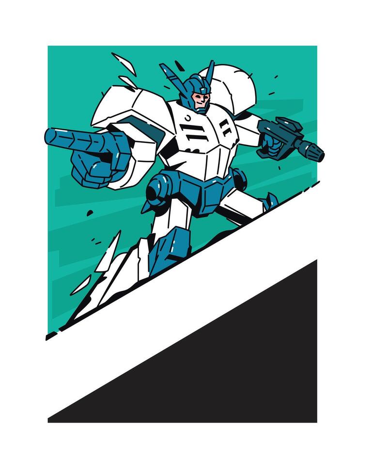 Illustration of a transforming robot with a weapon. Vector. The robot cyborg is a cartoon, not a children's character. Comic book hero. Picture for T-shirt design. Place for text. vector