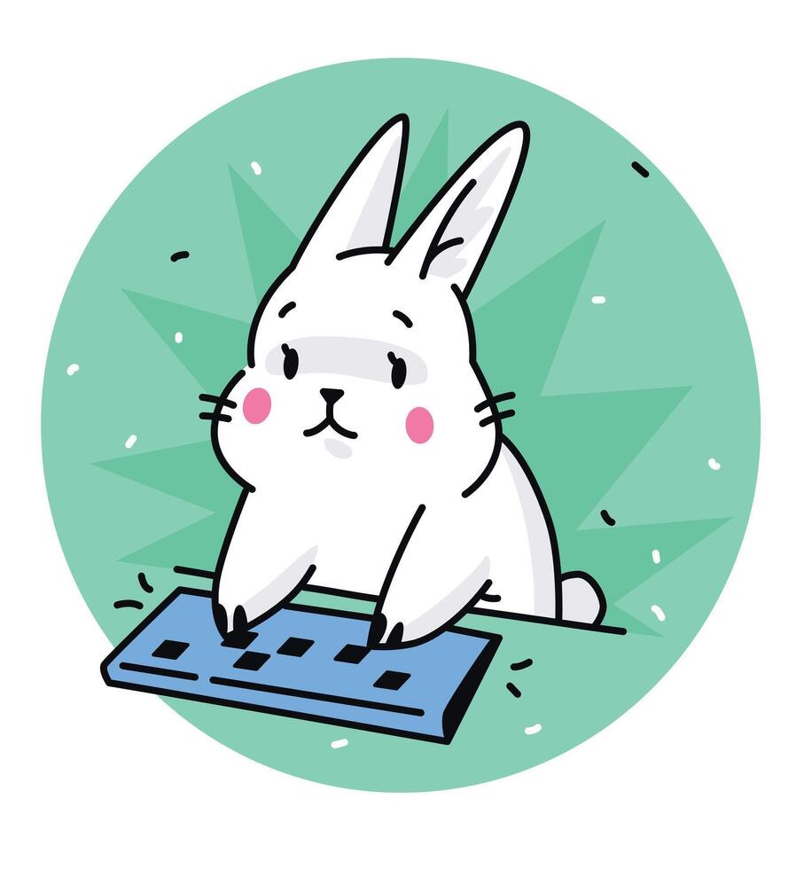 ilustración de un liebre a un teclado. vector. pegatina de un blanco linda dibujos animados Conejo hacker meme pegatina, roedor animal golpes el teclado. vector