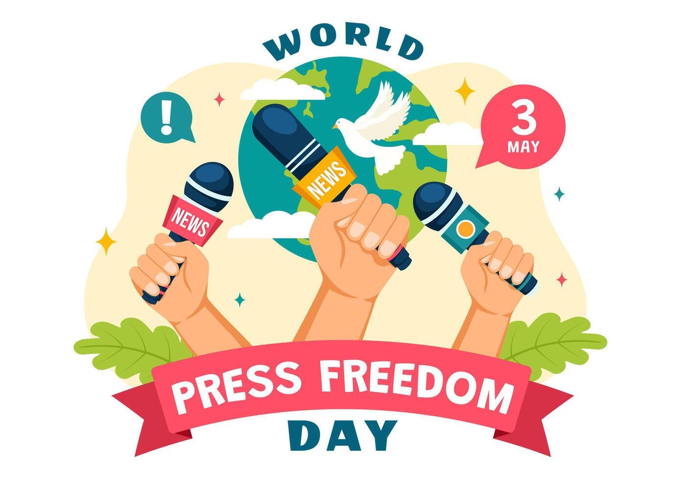 mundo prensa libertad día vector ilustración en mayo 3 con Noticias micrófonos y periódico a Derecha a hablar en plano dibujos animados antecedentes