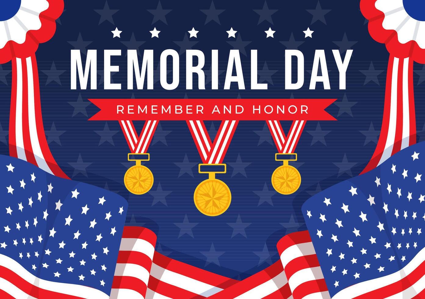 Memorial Day of Remember and Honor Vector Illustration with American Flag and Ribbon to Meritorious Soldier in Flat Cartoon Background