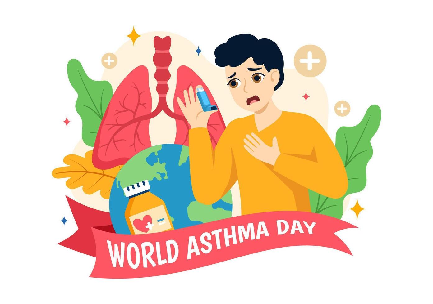 mundo asma día vector ilustración en mayo 2 con inhalador, médico equipo y salud prevención livianos en cuidado de la salud plano dibujos animados antecedentes