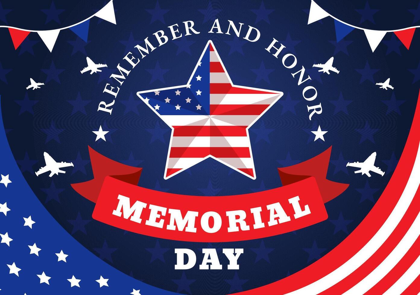 monumento día de recuerda y honor vector ilustración con americano bandera y cinta a meritorio soldado en plano dibujos animados antecedentes