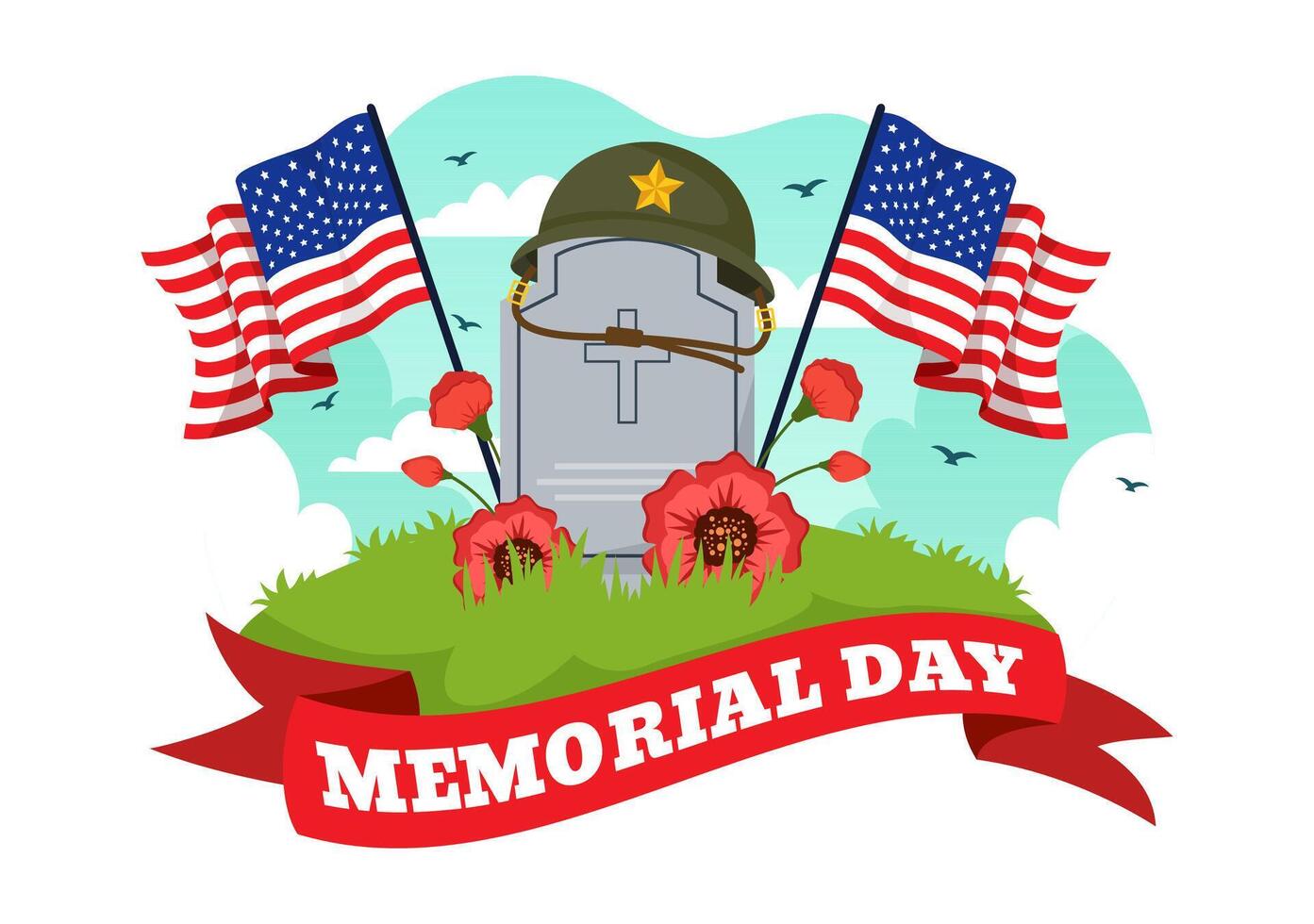 Memorial Day of Remember and Honor Vector Illustration with American Flag and Ribbon to Meritorious Soldier in Flat Cartoon Background