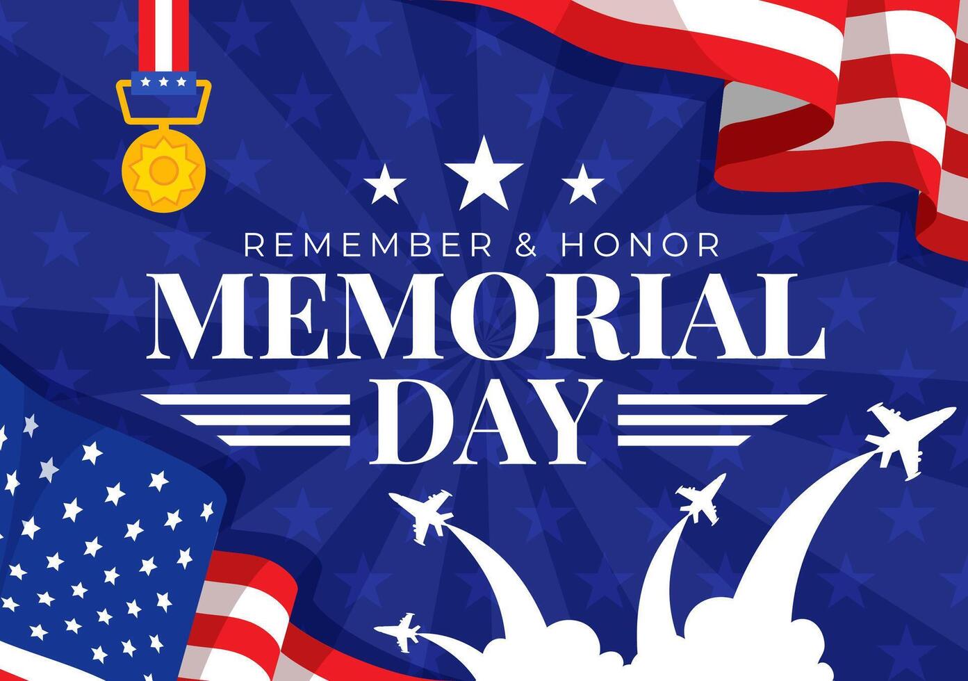 Memorial Day of Remember and Honor Vector Illustration with American Flag and Ribbon to Meritorious Soldier in Flat Cartoon Background
