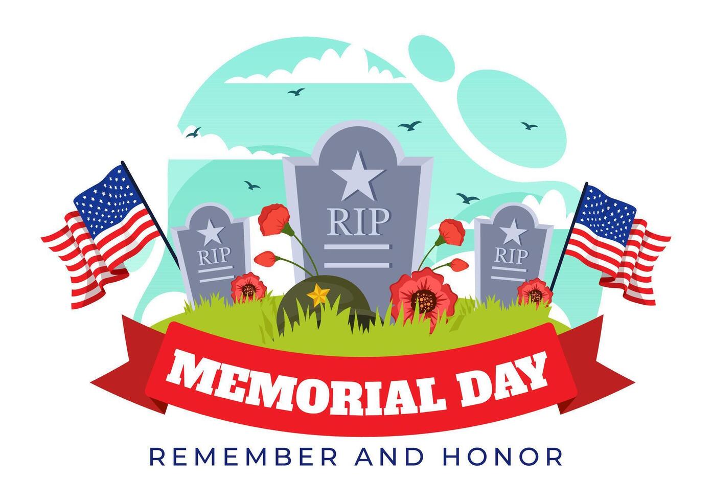 Memorial Day of Remember and Honor Vector Illustration with American Flag and Ribbon to Meritorious Soldier in Flat Cartoon Background