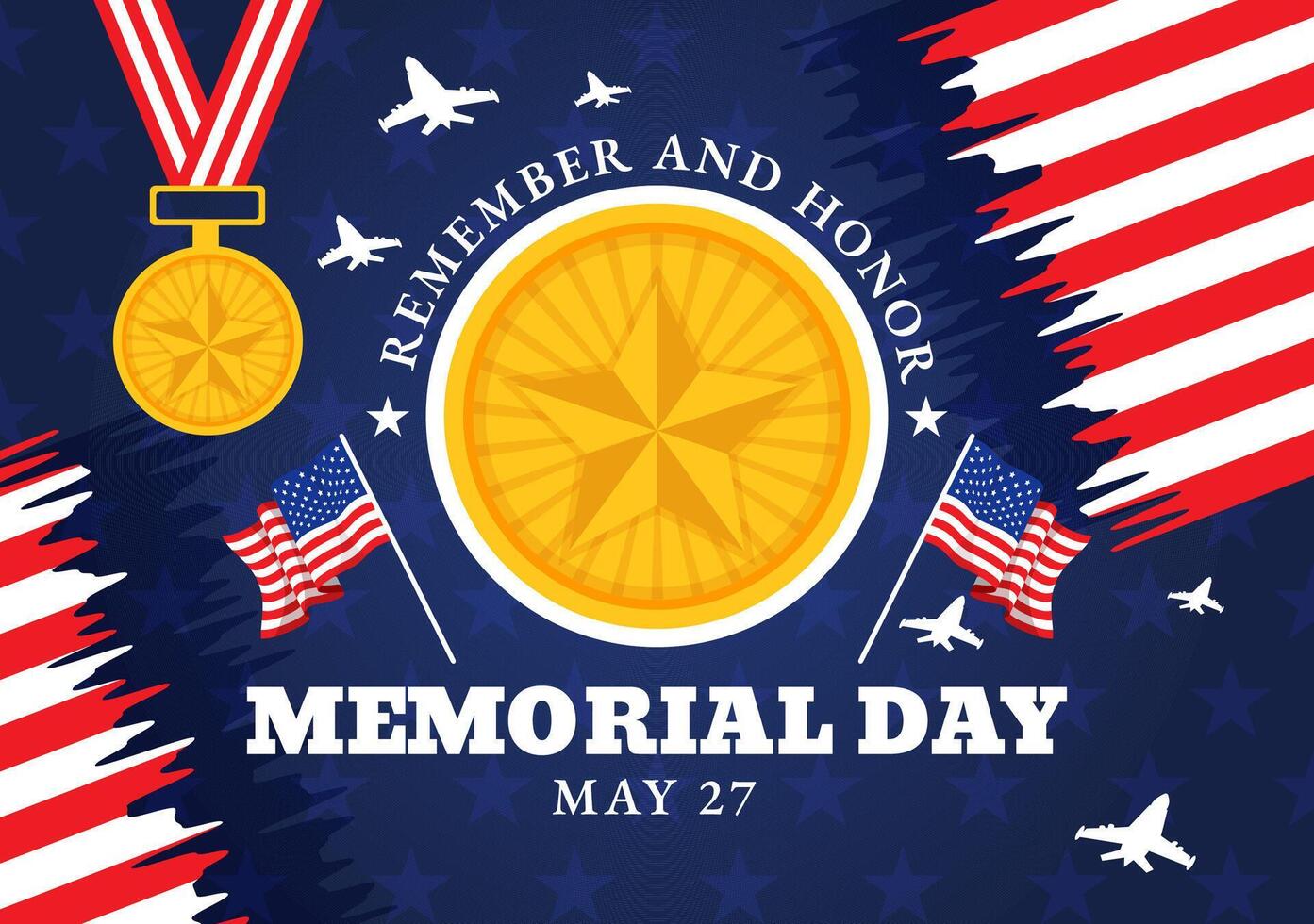 Memorial Day of Remember and Honor Vector Illustration with American Flag and Ribbon to Meritorious Soldier in Flat Cartoon Background