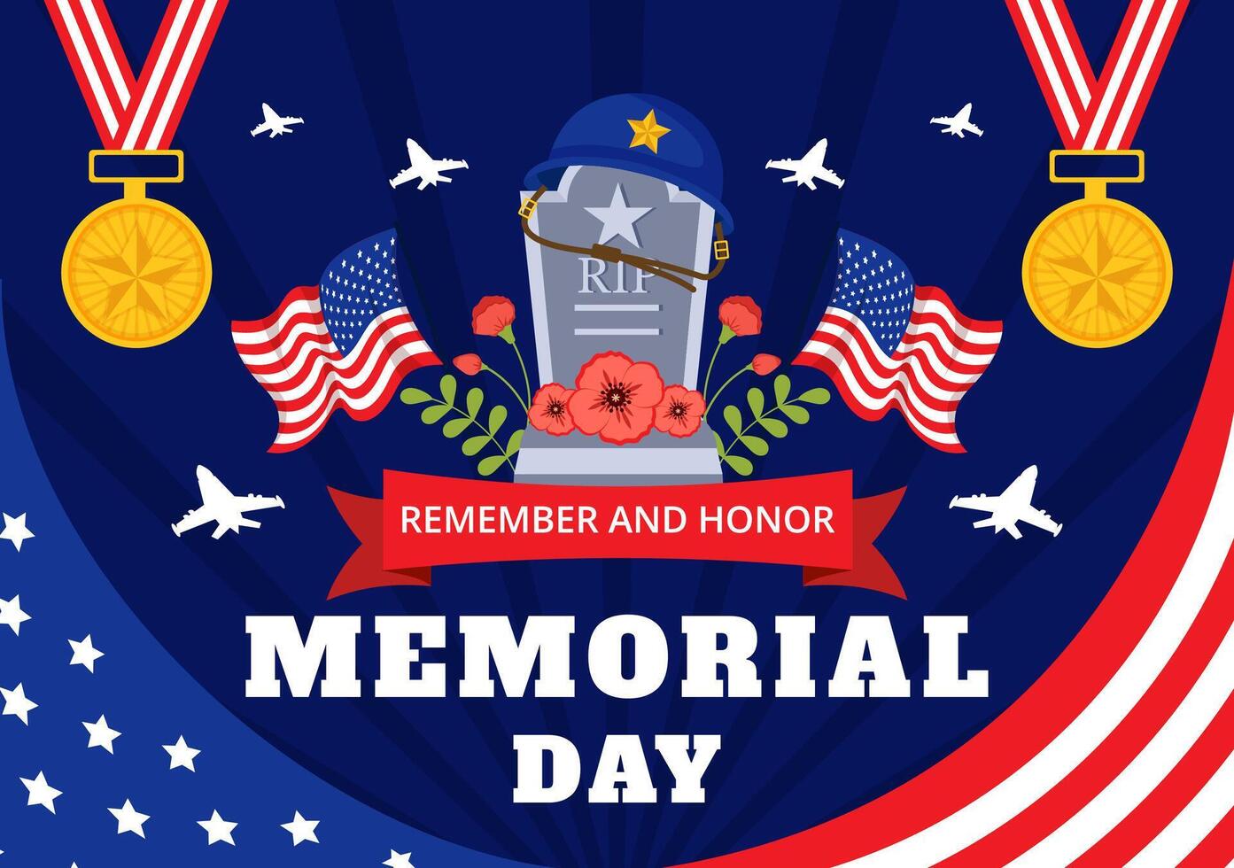 Memorial Day of Remember and Honor Vector Illustration with American Flag and Ribbon to Meritorious Soldier in Flat Cartoon Background