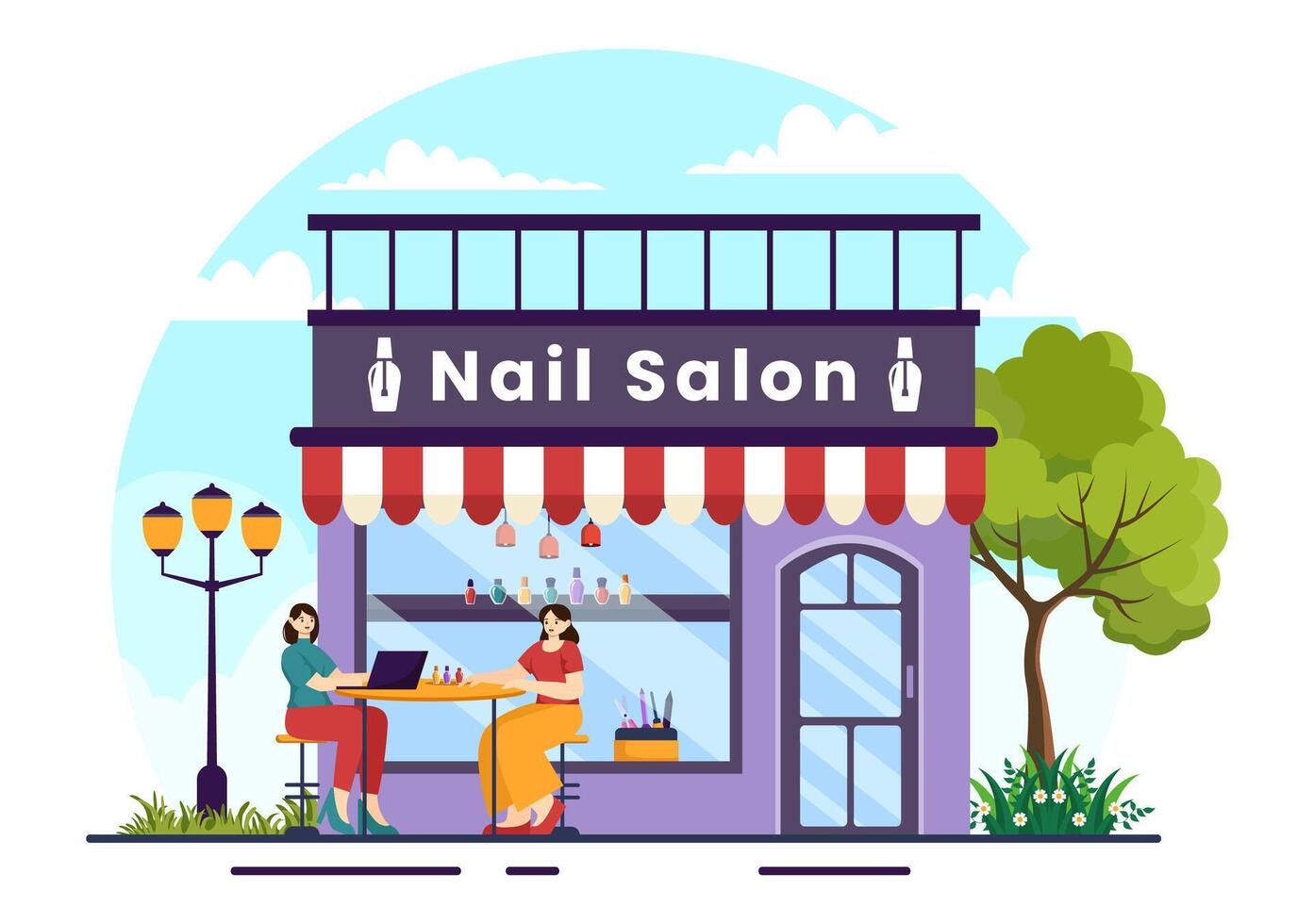 Nail Polish Salon Vector Illustration with Receiving of Manicure or Pedicure with Tools and Accessories to a Young Girl Concept in Flat Background