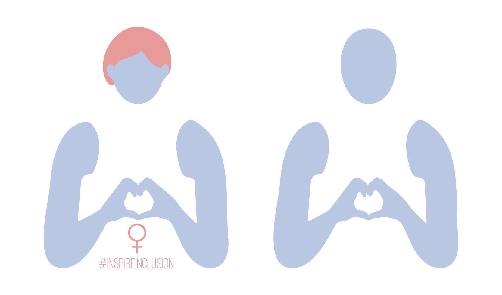 Inspire Inclusion universal Woman icons. International Women's Day 2024 design with hands and heart shape. IWD InspireInclusion social campaign decoration for web in minimalist flat style. vector