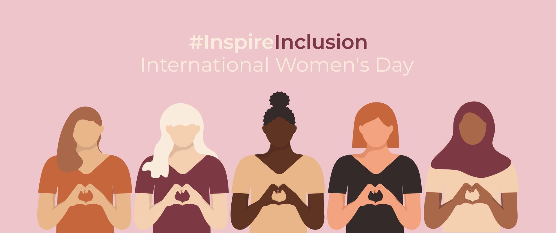 InspireInclusion International Women's Day banner. Minimalist illustration with Inspire Inclusion slogan. Diverse women with heart-shaped hands stand together in faceless style. vector