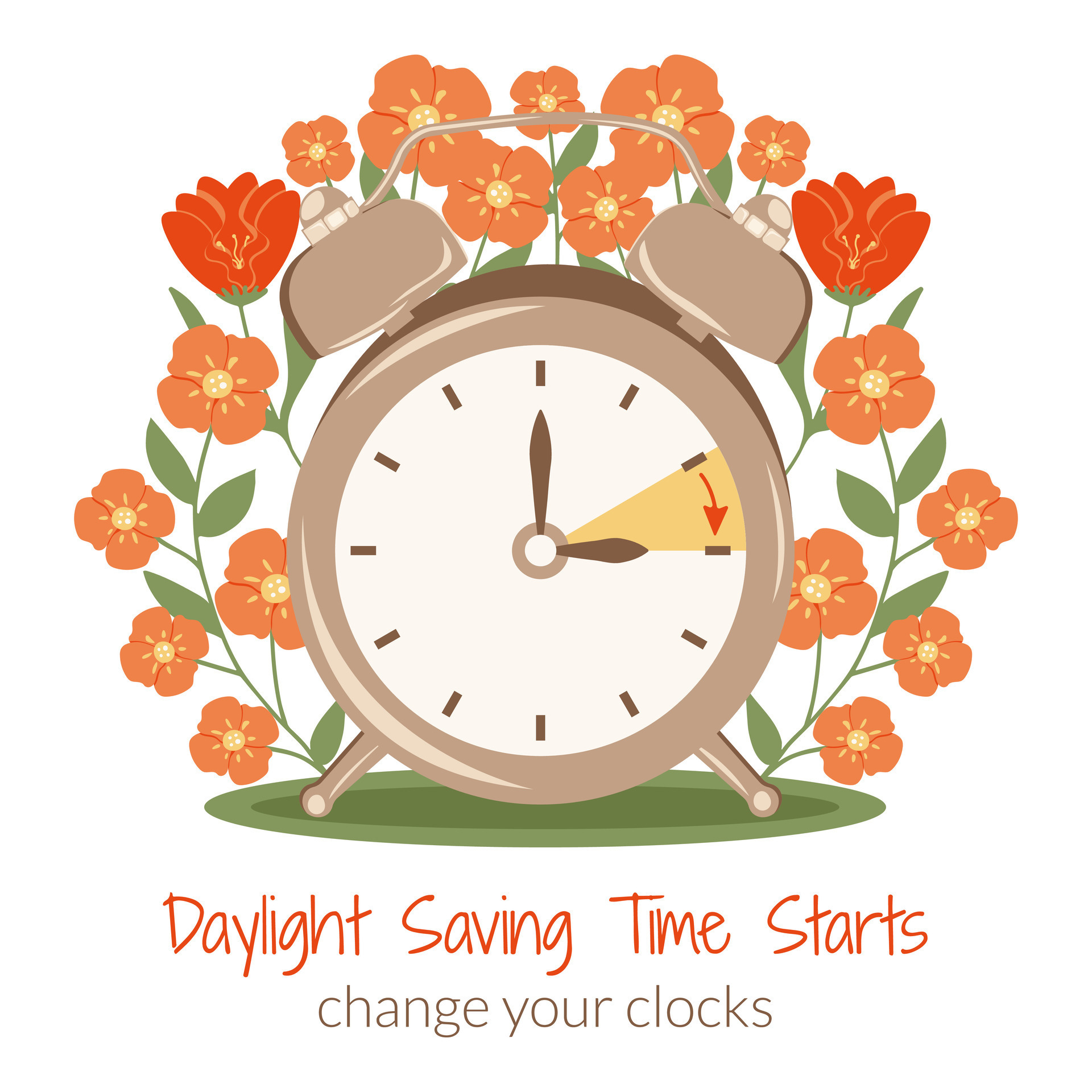 Daylight Saving Time begins poster. Alarmclock with hand points onward